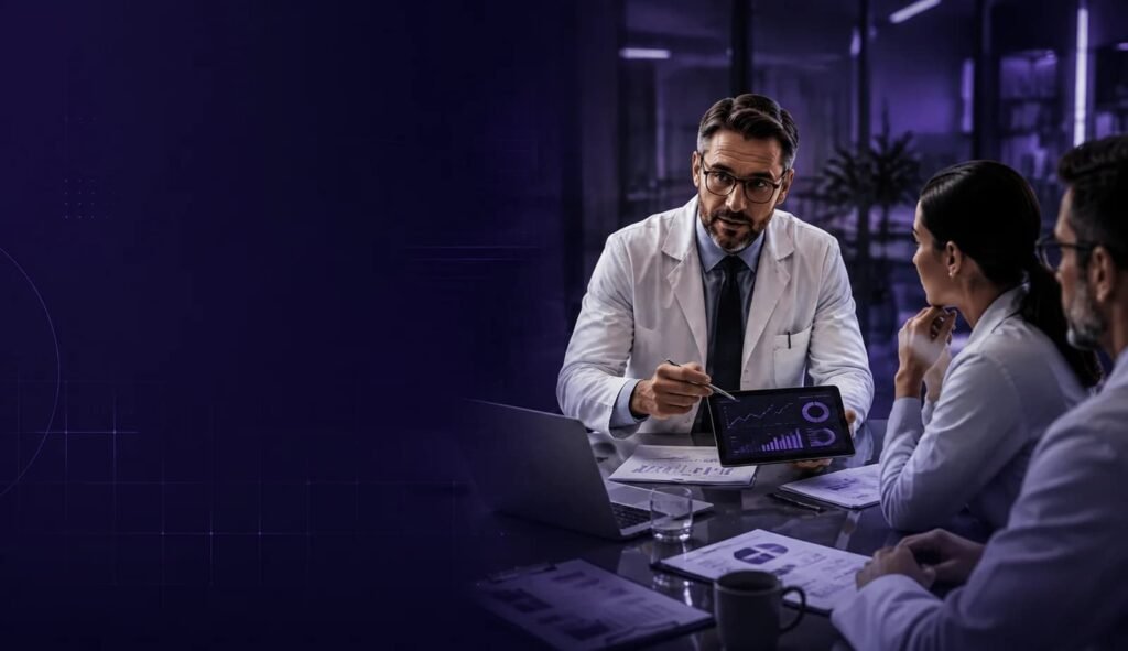 Médico liderando reunião estratégica com equipe de saúde para gestão e tomada de decisões em uma clínica.