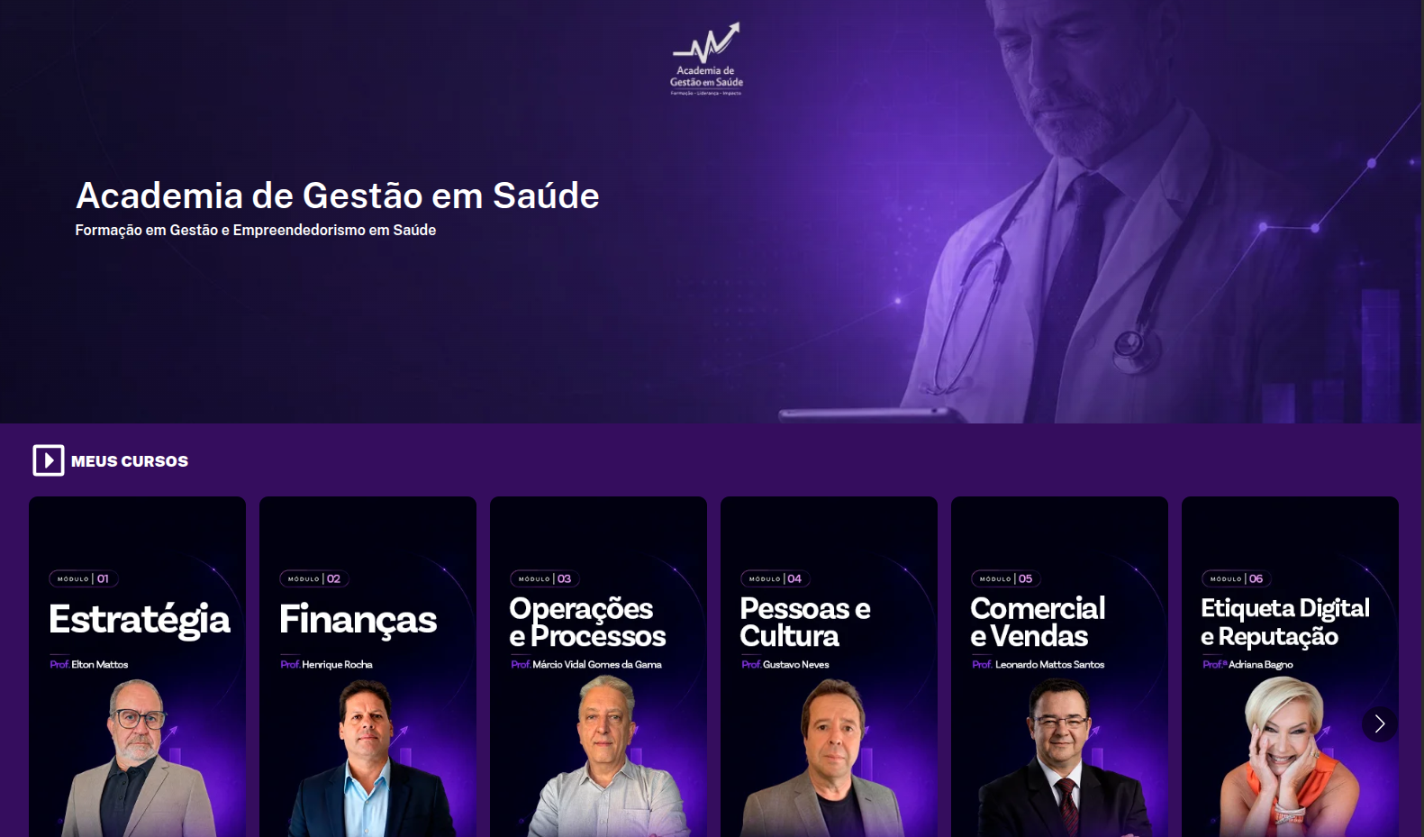 Plataforma da formação com as disciplinas e seus professores